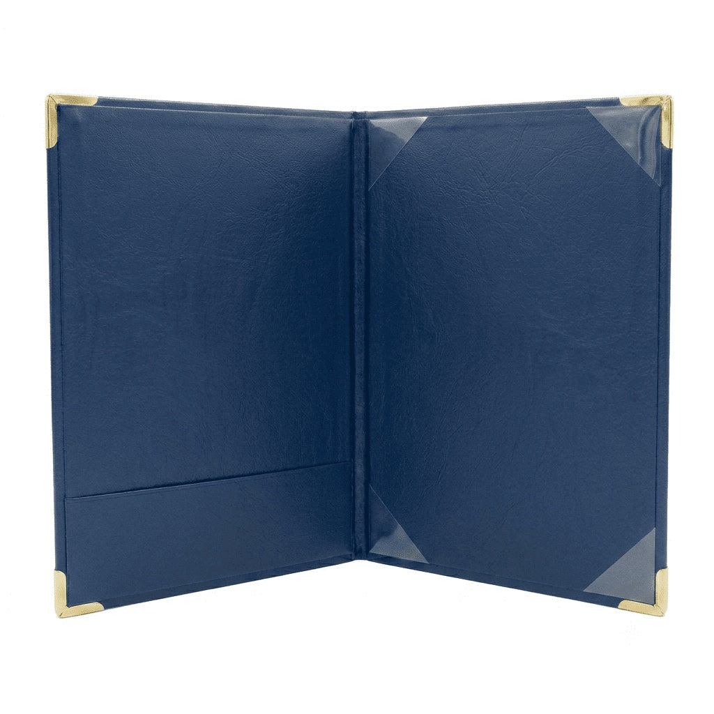Interior porta diploma azul tamaño carta con bolsillo protector, fabricado en Colombia - Paperfas