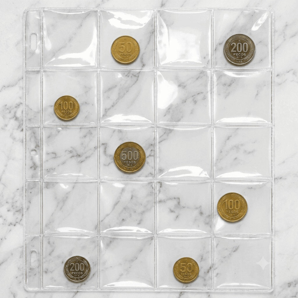 Protector para monedas de colección 20 bolsillos transparente tamaño carta, fabricado en Colombia - Paperfa